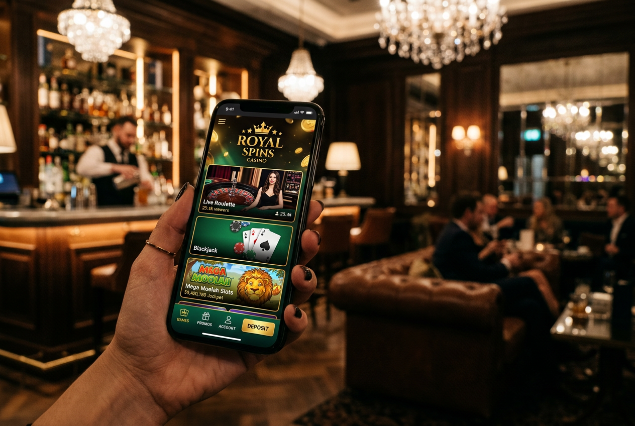 A high-end smartphone showing a modern online casino interface with glowing slot machines.